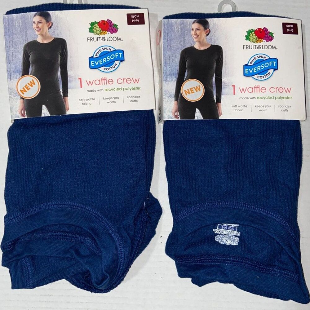 2 Fruit of the Loom EverSoft Women's Waffle Crew Size Small S Blue NEW with tags